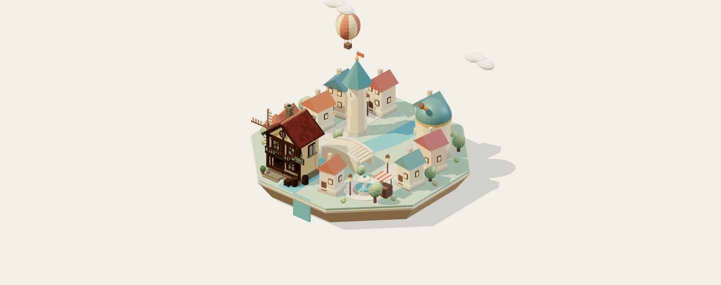 Una città fantasy in miniatura, con case colorate, canale, ponte, mulino e osservatorio
